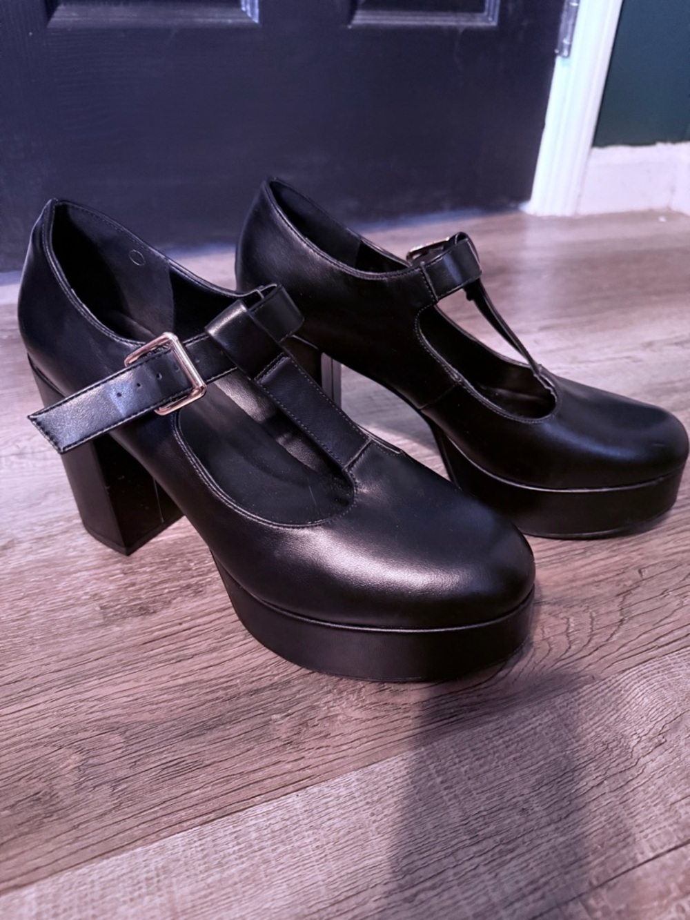 Black T‑Strap Platform Block Heel Pumps